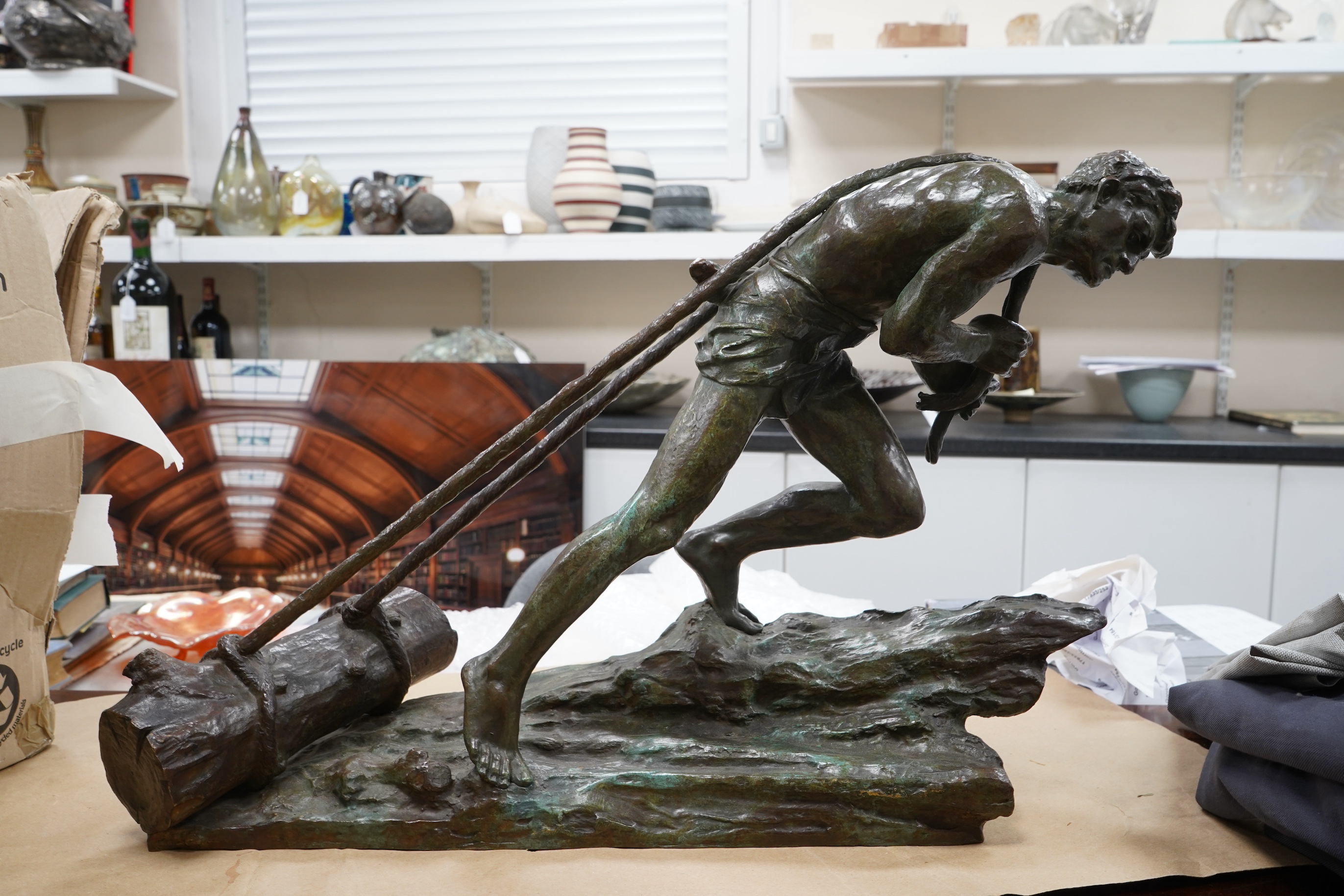 Edouard Drouot - Bronze L’Effort, male with ropes pulling a log, 59cm wide x 41cm high